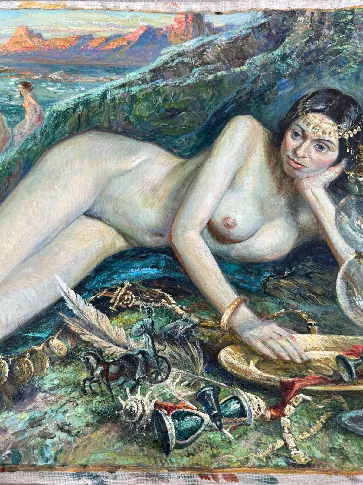 Dmitry Kostylev (1930-2017) - Nymphe aux trésors, Antiek en Kunst, Ophalen of Verzenden, Gesigneerd, Portret of Personen, Doek