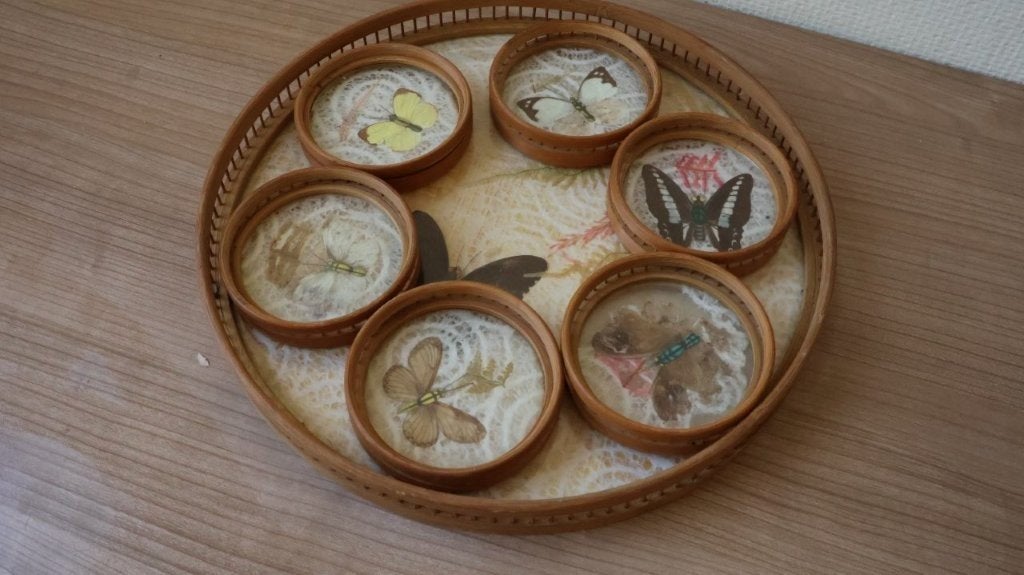 Vintage bamboe dienblad vlinders, Huis en Inrichting, Woonaccessoires | Dienbladen, Gebruikt, Rond, Ophalen of Verzenden, Dienblad