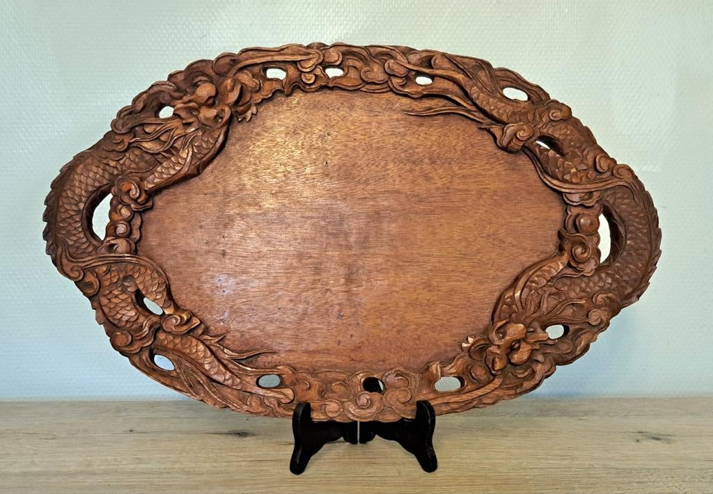 Ancien plateau de service bois sculpté indochinois dragon, Enlèvement ou Envoi