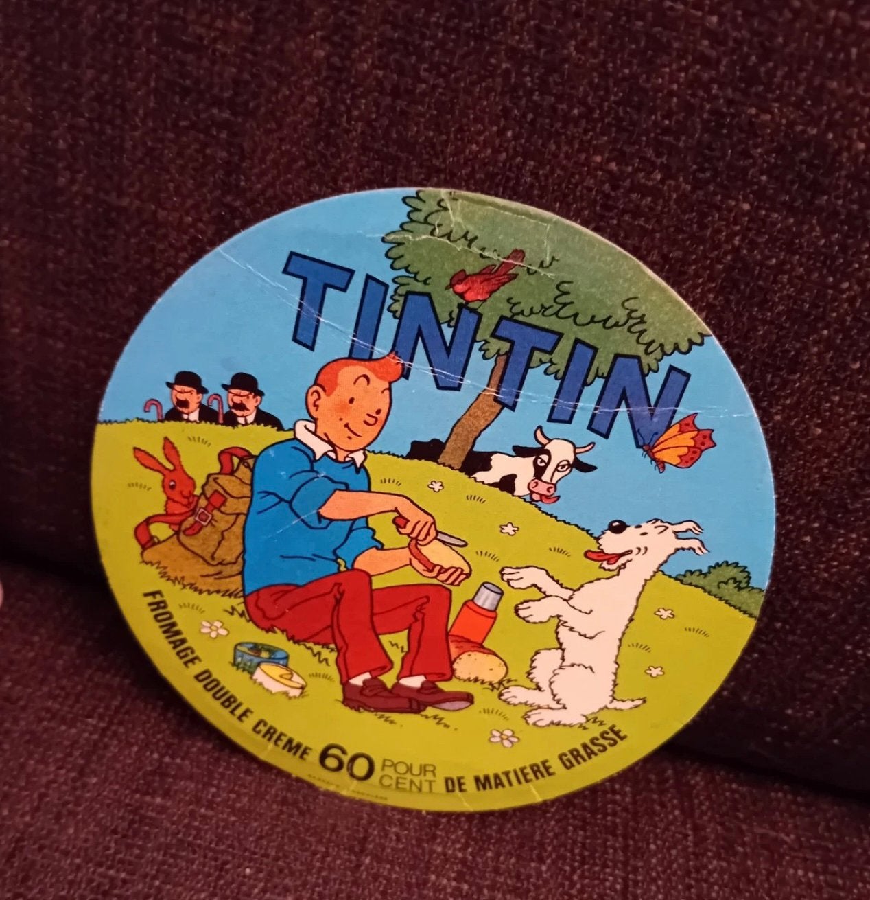 Tintin RARE carton disque du fromage double crème 1978, Collections, Personnages de BD, Comme neuf, Autres types, Tintin, Envoi