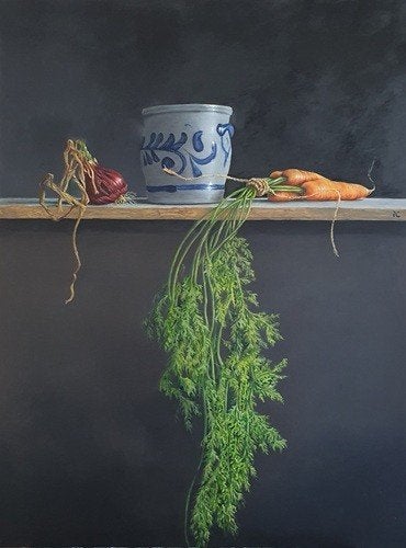 Kunsthandel Gennep - "Keulse Pot Met Wortelen En Rode Ui", Antiquités & Art, Art | Peinture | Moderne, Enlèvement ou Envoi, Peint à la main