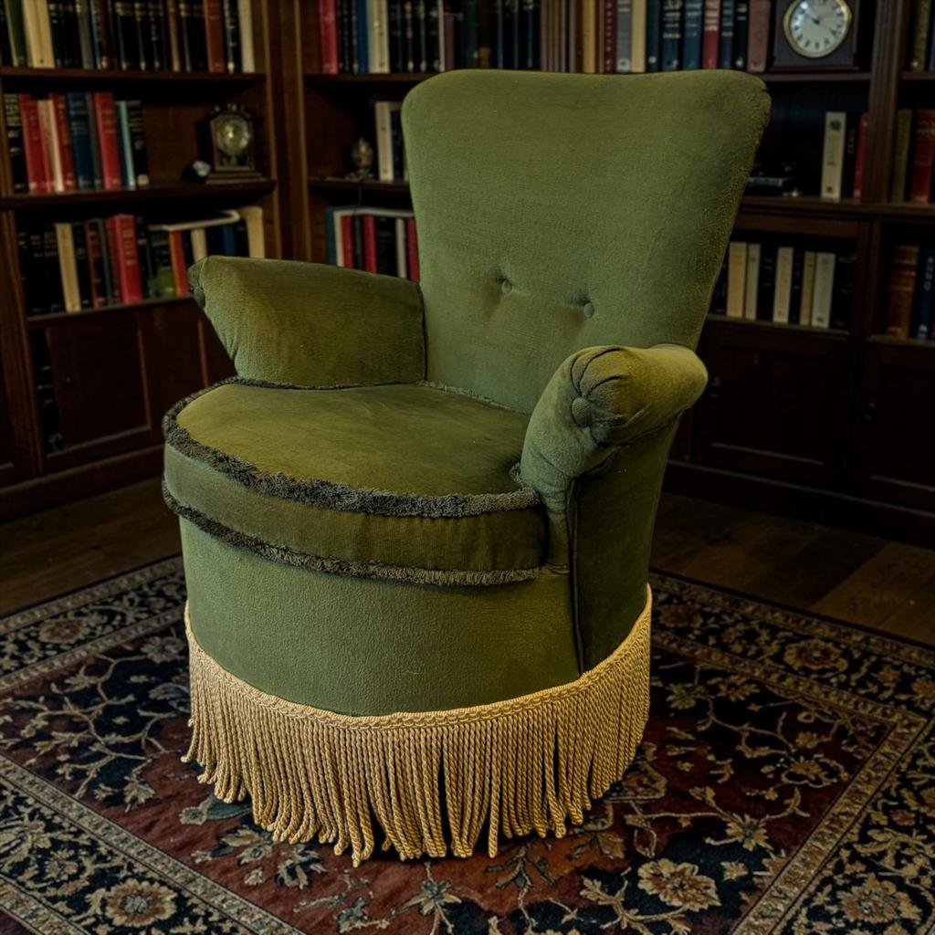 vintage mosgroen  cocktailstoel/ éénzit/fauteuil met franjes, Ophalen
