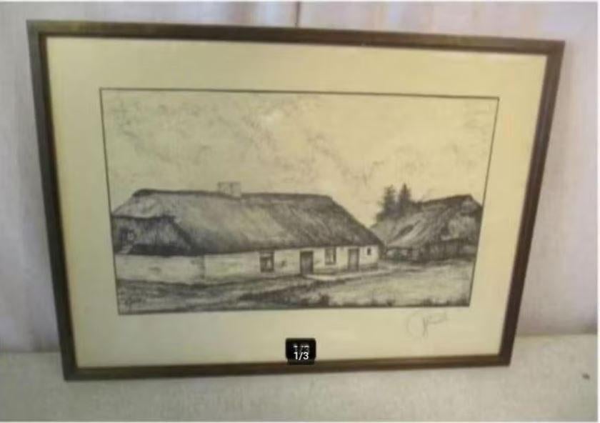 Mooie Oude Gravure 'Hoeve en Schuur' - Joosten, Ophalen of Verzenden, Gravure, Gesigneerd