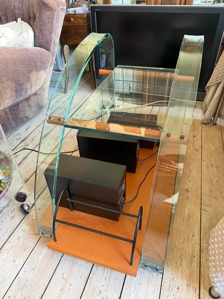 Très belle desserte vintage en bois et verre Roche Bobois, Enlèvement, Comme neuf, Verre