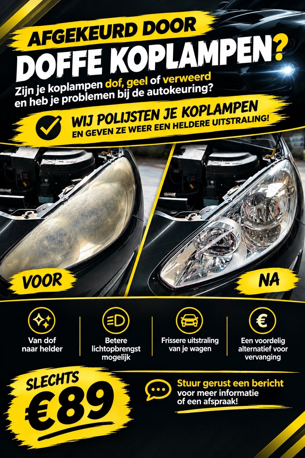 Koplampen polijsten / Doffe koplampen weer helder, Ophalen of Verzenden