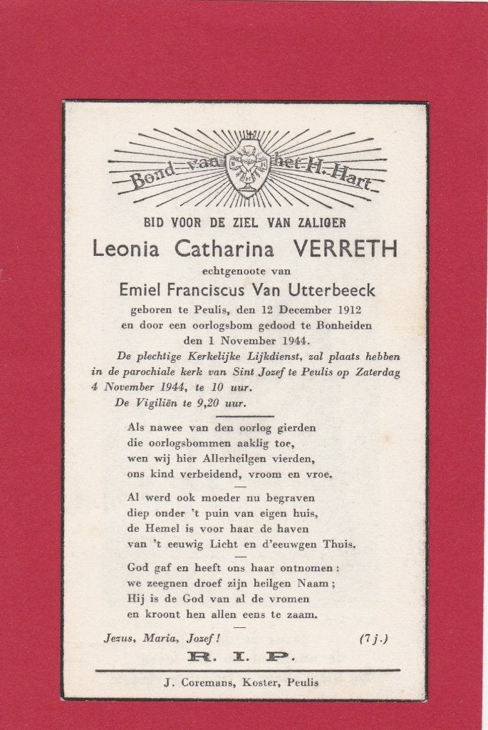 DP Oorlog Leonia Verreth, Verzenden, Bidprentje