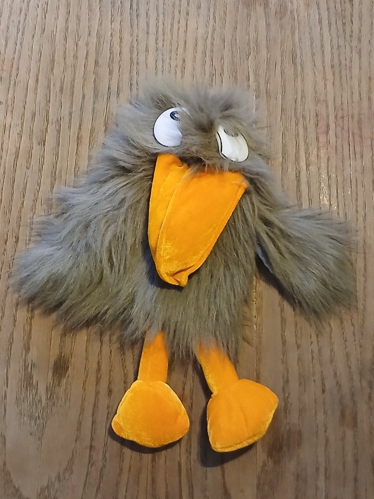 Vintage Vogel Handpop - Pluche Grijs met Beweegbare Bek, Gebruikt, Overige merken, Overige karakters, Overige typen
