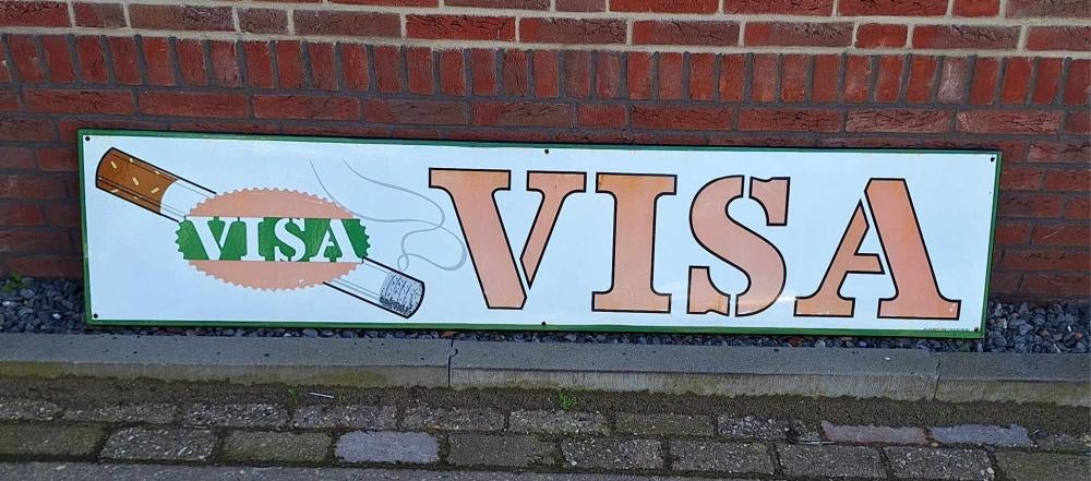 Groot vintage emaille bord met reclame voor Visa-sigaretten., Verzamelen, Ophalen, Gebruikt, Reclamebord