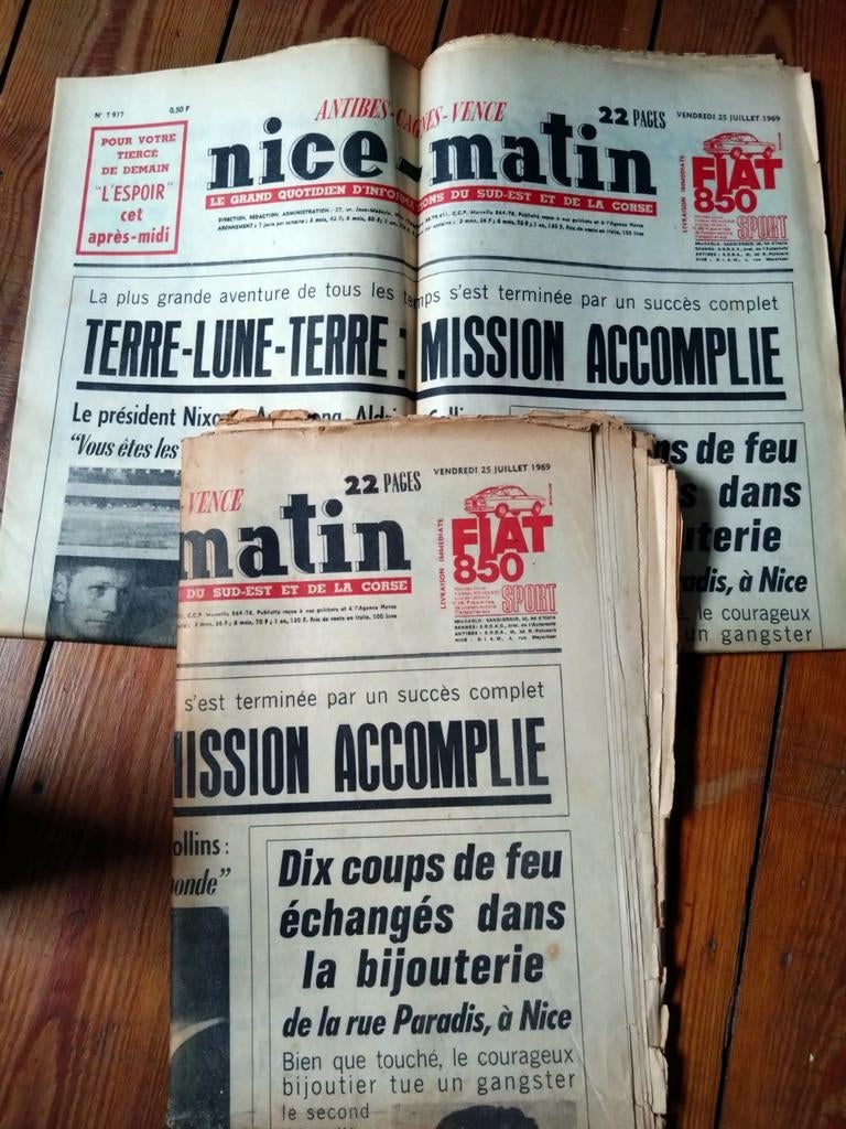 2 exemplaire journal Nice-matin 25 juillet 1969, Enlèvement, 1960 à 1980, Journal