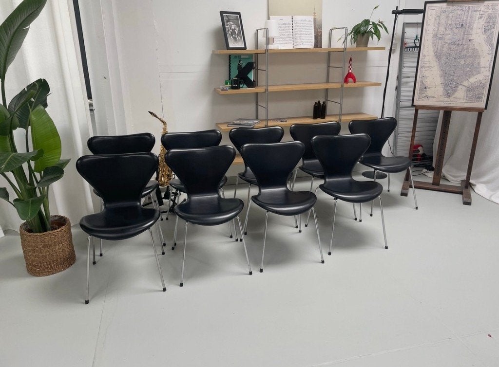 10x Fritz Hansen serie 7 leder by Arne Jacobsen, Huis en Inrichting, Ophalen, Zwart, Leer, Vijf, Zes of meer stoelen