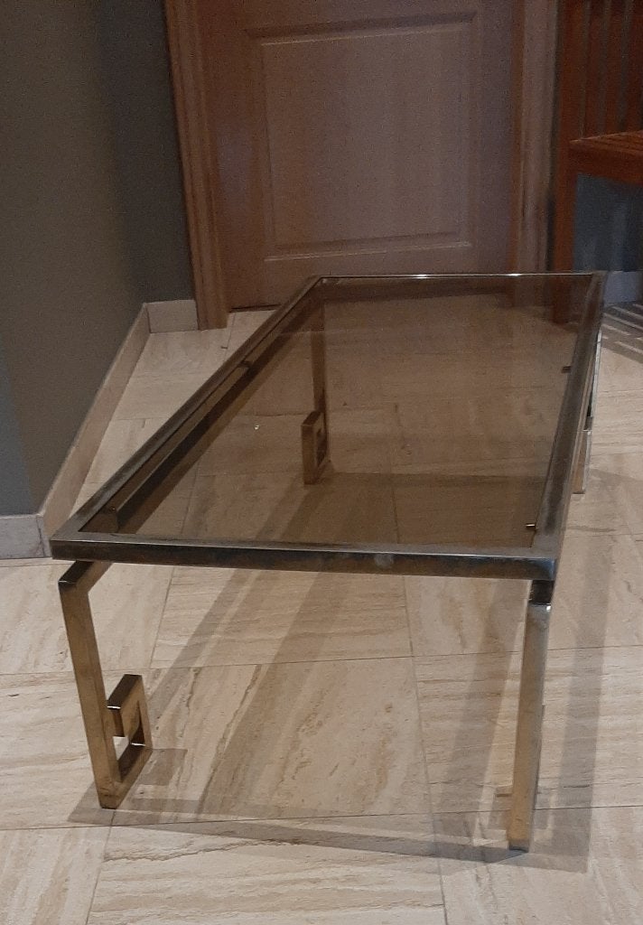 Table basse Hollywood Regency vintage française années 1970., 100 à 150 cm, Verre, Regency, Enlèvement
