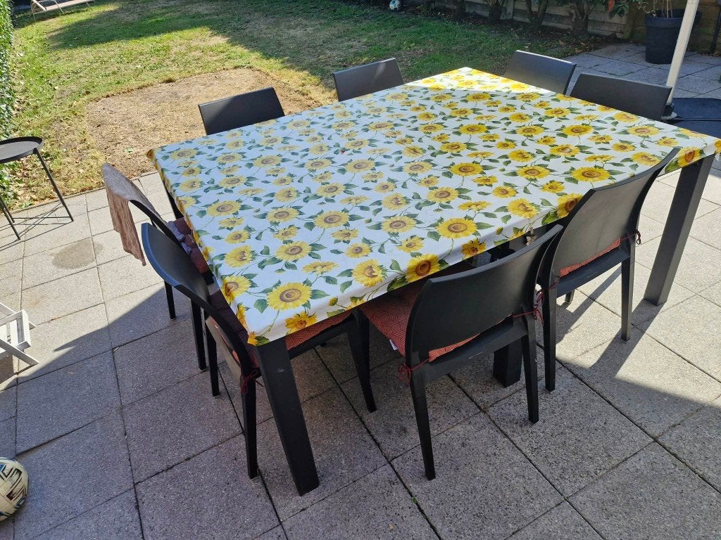 tuintafel + 8 stoelen + 8 kussens, Enlèvement, Comme neuf, Carré, Synthétique