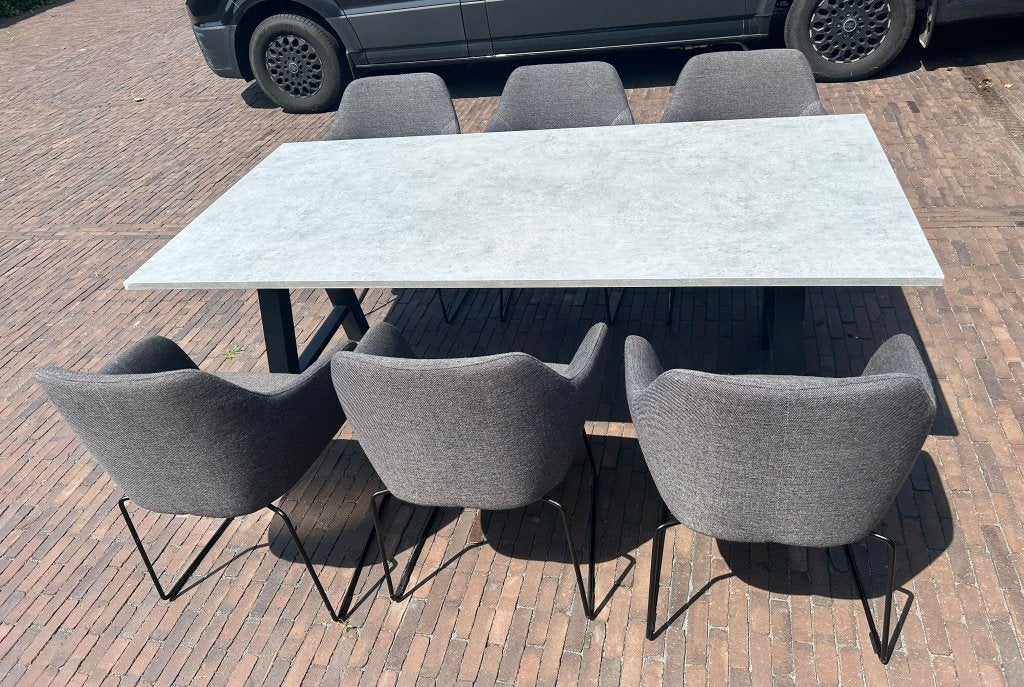6 eetkamerstoelen, Huis en Inrichting, Stoelen, Gebruikt, Vijf, Zes of meer stoelen, Metaal, Stof, Grijs, Ophalen
