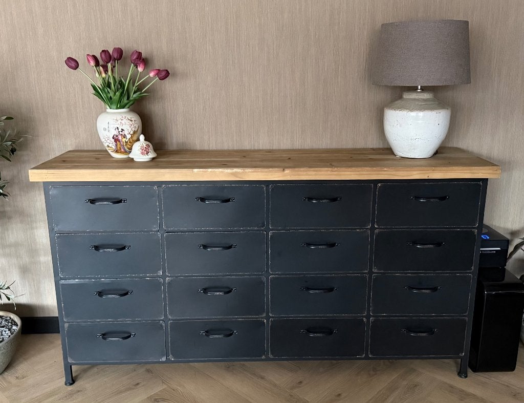 Industrieel Rootsmann Dressoir – Ladekast met 16 lades, Huis en Inrichting, Ophalen, Grenenhout, 5 laden of meer, 150 tot 200 cm