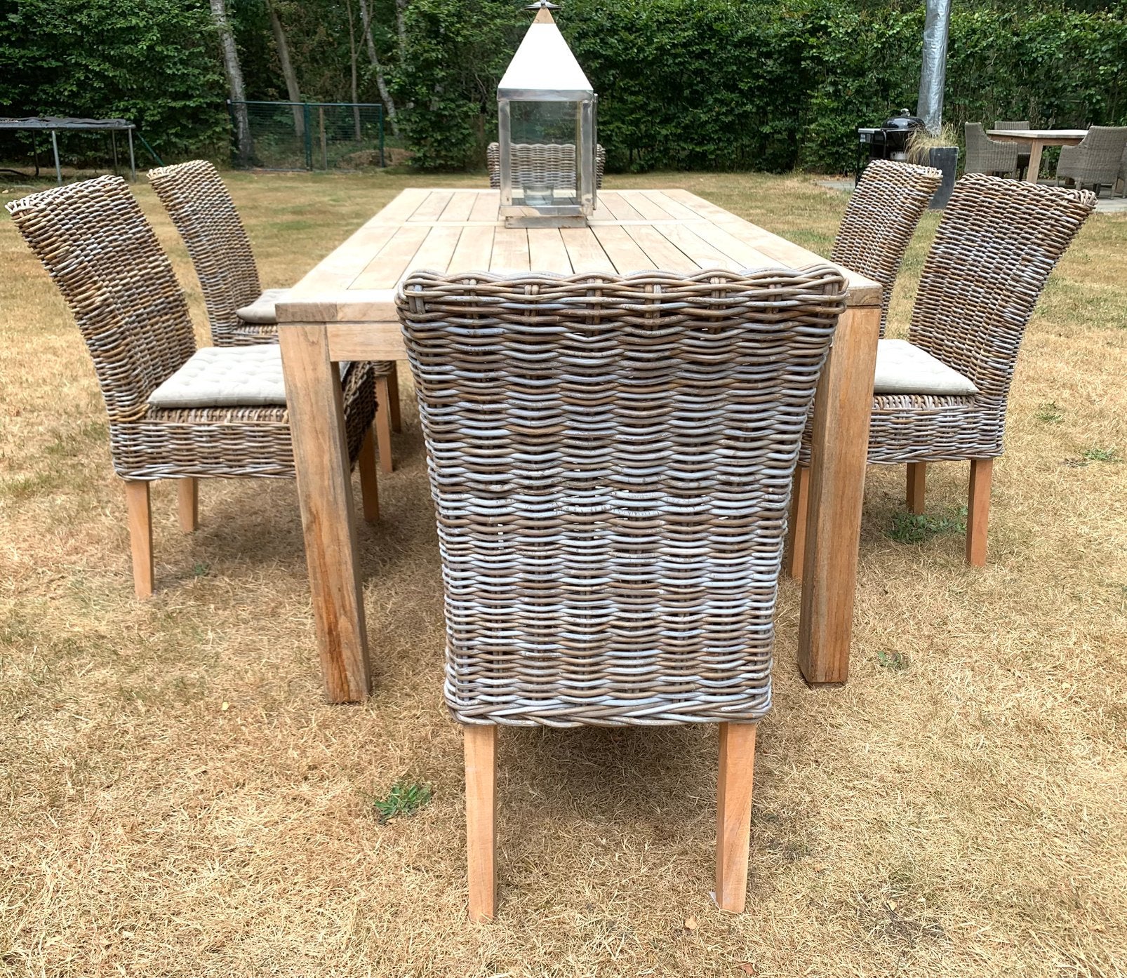 Teak & Rotan Tuin-Terrasset Tafel 2,10 + 6 stoelen + kussens, Ophalen, Zo goed als nieuw, Rotan, Tuinset