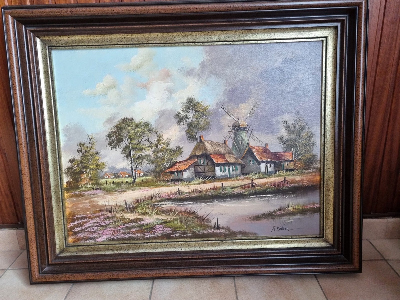 Groot landschapsschilderij R Wolters, Antiquités & Art, Paysage, Enlèvement, Toile, Encadré