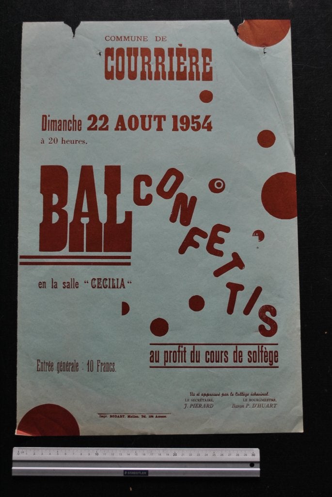 ANCIENNE AFFICHE 1954 COMMUNE DE COURRIERE BAL CONFETTIS, Collections, Enlèvement ou Envoi, Utilisé