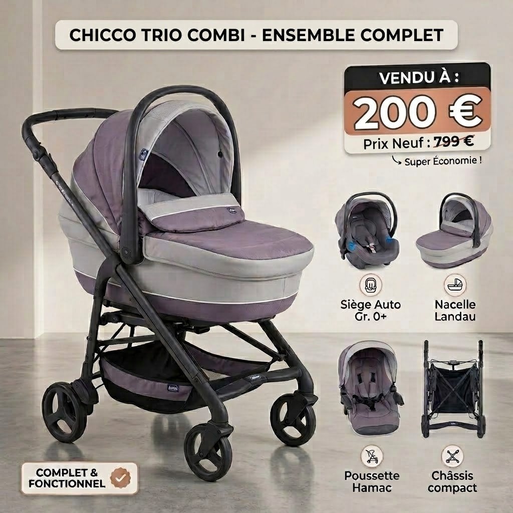 Poussette 3 en 1 Chicco (Landeau+Maxi Cosi+poussette), Autres marques, Poussette combi, Avec siège auto, Comme neuf