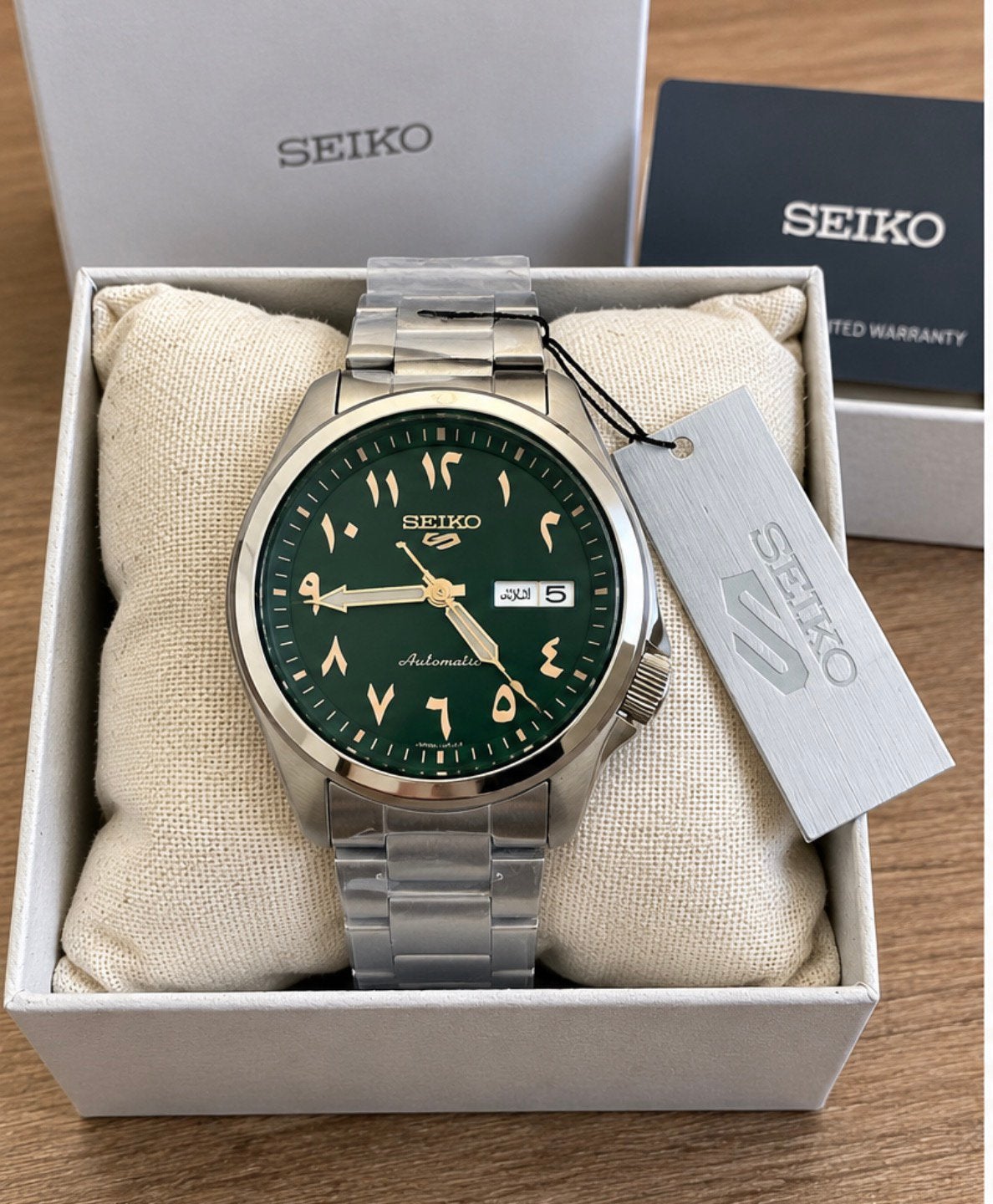 Seiko 5 SRPH49K1 – Arabic Dial Green – Neuve Garantie 3 ans, Handtassen en Accessoires, Ophalen, Polshorloge, Nieuw, Seiko