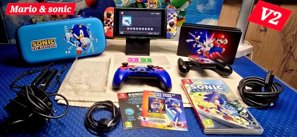 Nintendo Switch v2 Cust.Mario Sonic-console+spel en garantie, Ophalen of Verzenden, Gebruikt