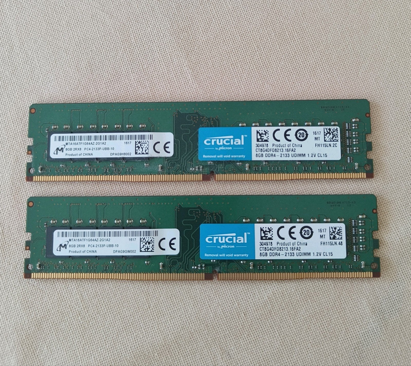 2x 8GB DDR4 UDIMM 2133Mhz RAM Crucial, Computers en Software, Gebruikt, DDR4, Ophalen of Verzenden, Desktop