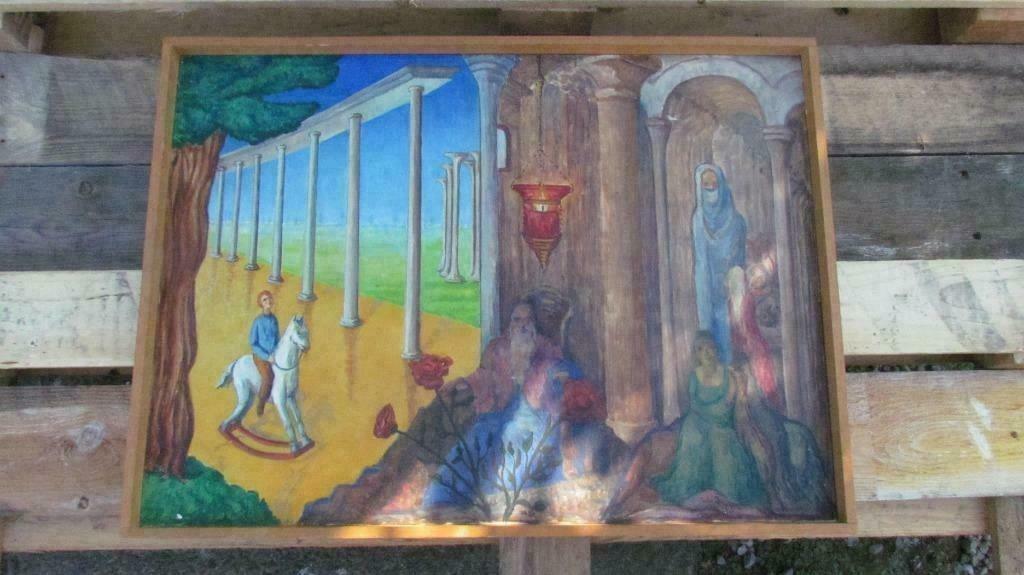 Schilderij op houten paneel "Jozef, Maria en kind", Antiek en Kunst, Ophalen of Verzenden