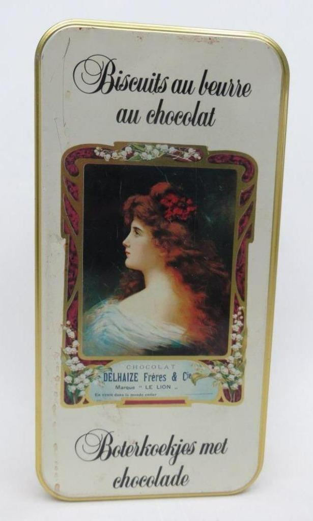 oude lege blikken doos Delhaize boterkoekjes met chocolade, Verzamelen, Blikken, Ophalen of Verzenden, Gebruikt, Koek(jes), Overige merken