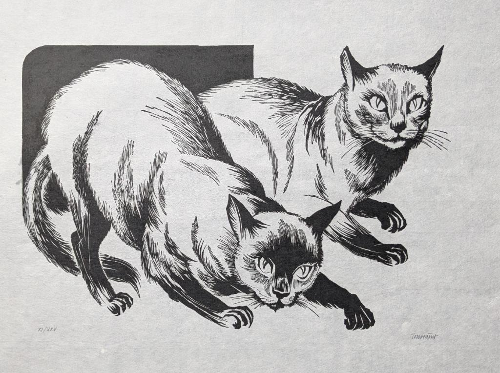 twee poezen - linosnede - André Toussaint, Antiek en Kunst, Kunst | Etsen en Gravures, Ophalen of Verzenden