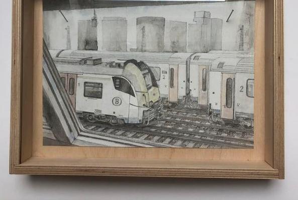 Passenger train Brussels North station + kader, Antiek en Kunst, Kunst | Schilderijen | Modern, Ophalen of Verzenden