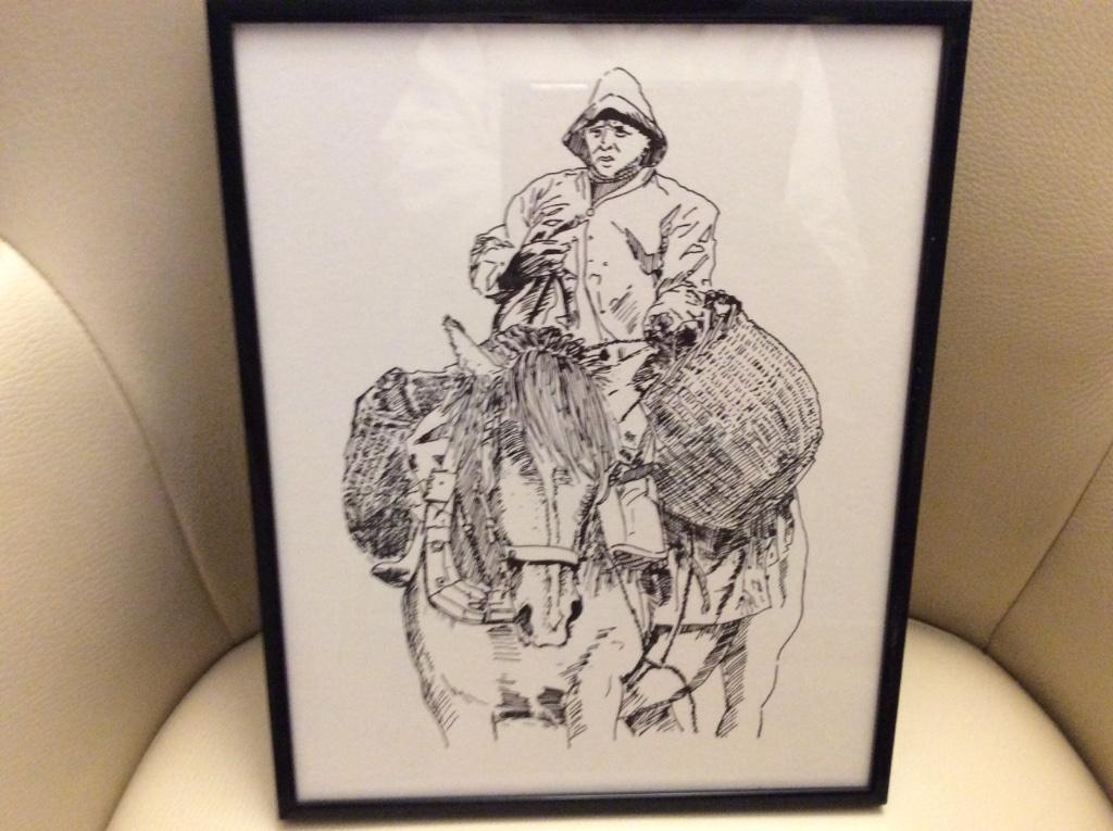 Garnaalvisser te paard ....pentekening in kader met glas.., Ophalen of Verzenden