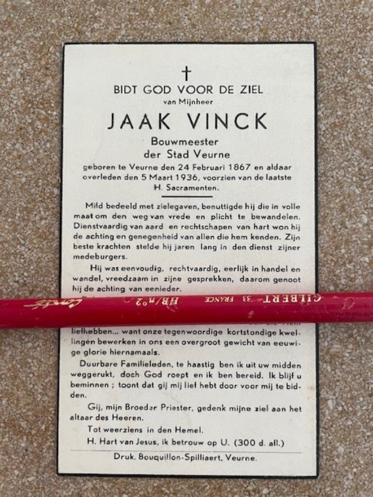 BP BOUWMEESTER DER STAD VEURNE DHR JAAK VINCK  VEURNE, Ophalen of Verzenden, Bidprentje