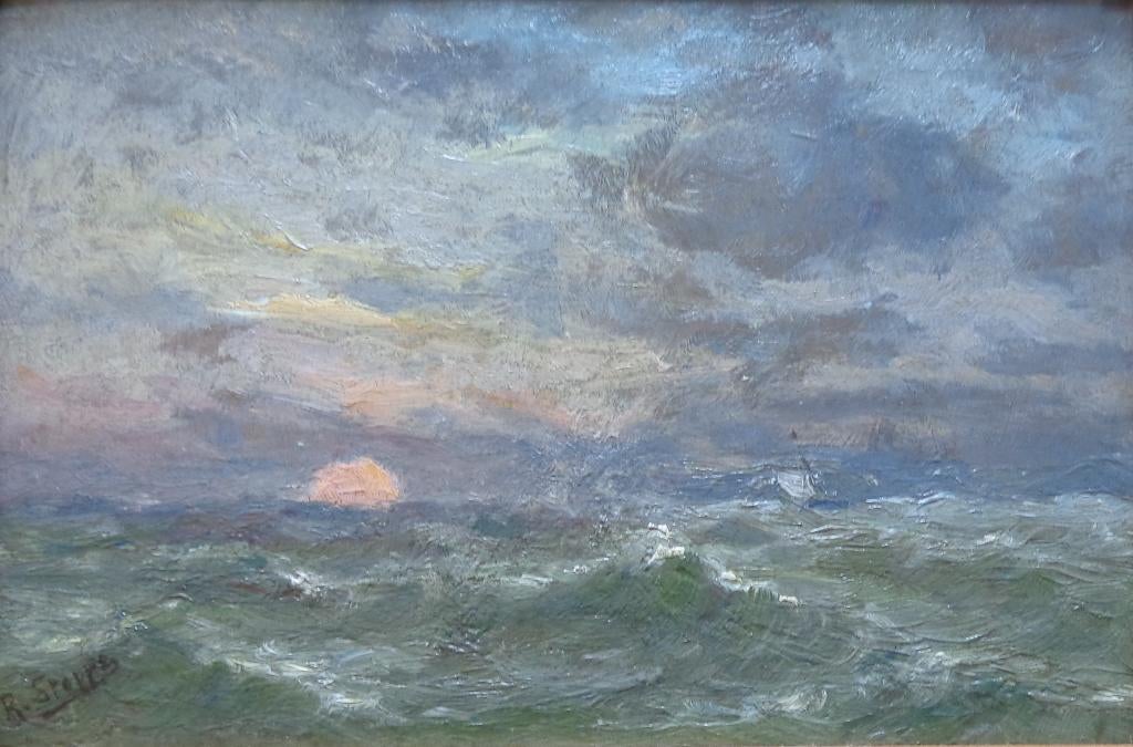 ROMAIN STEPPE / ZONSONDERGANG / OLIEVERF / 31x41cm / KADER, Antiek en Kunst, Ophalen of Verzenden