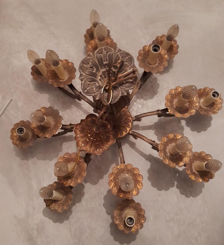 Antieke luchter koper en brons met 2 wandlampen, Antiek en Kunst, Ophalen, Brons