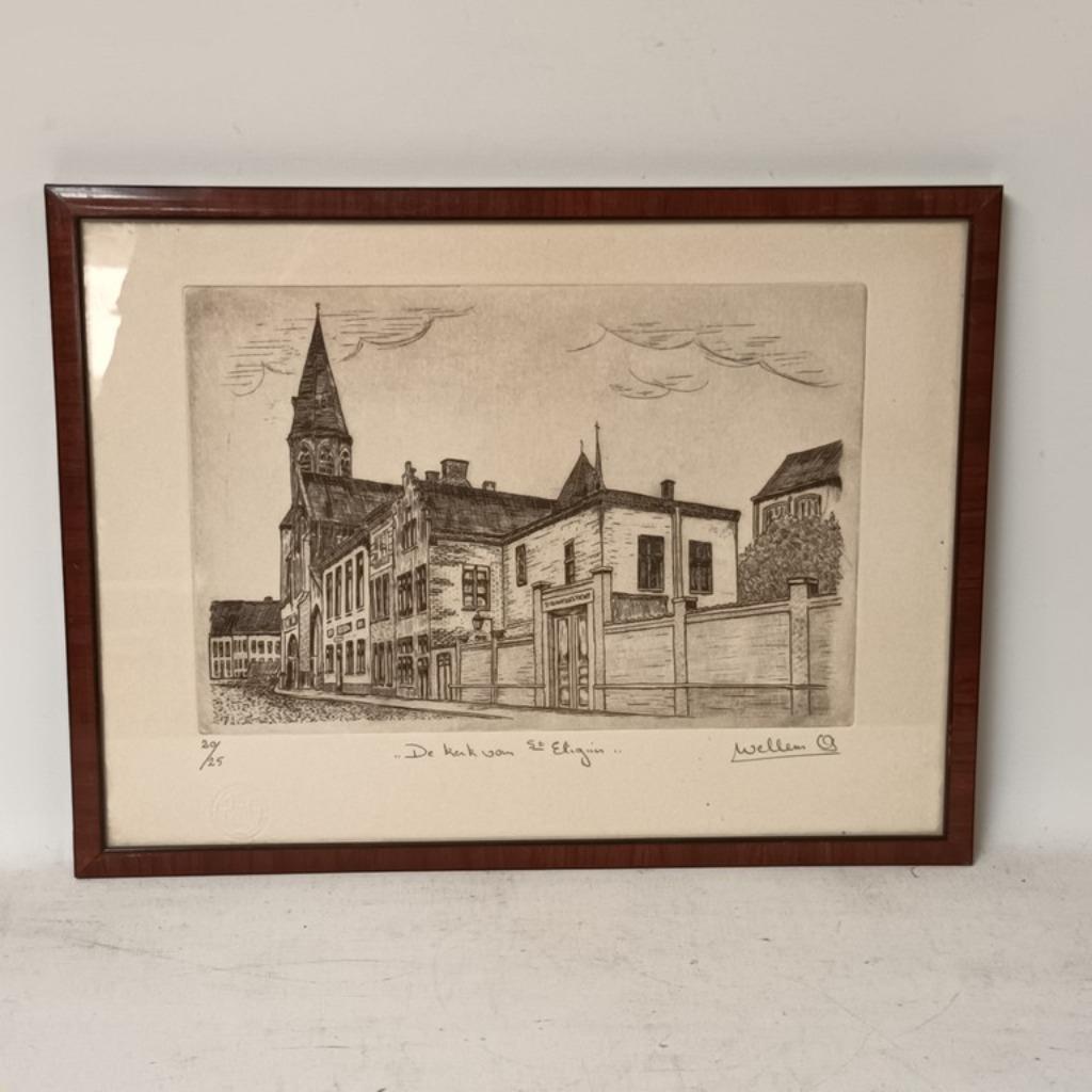 André Wellens (1939-2016) - ets - De kerk van St Eligius, Antiek en Kunst, Ophalen of Verzenden
