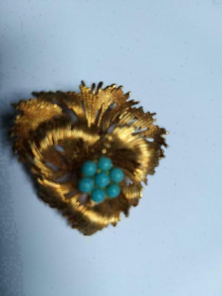 broche année 50-60, plaquée or et turquoises, Enlèvement ou Envoi, Broche