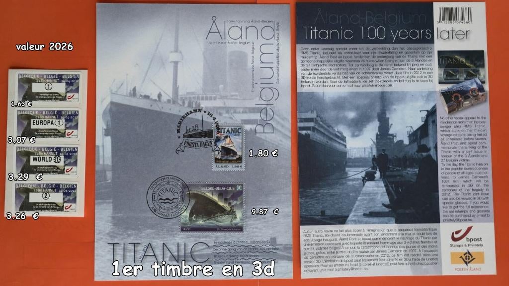 2012- TITANIC 1 EN 3D EN 1 FDS   5 AUTOCOLLANTS, Timbres & Monnaies, Timbres | Europe | Belgique, Envoi