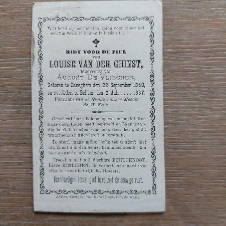 Bidprentje Kanegem - Bellem 1850 - 1887, Ophalen of Verzenden, Bidprentje