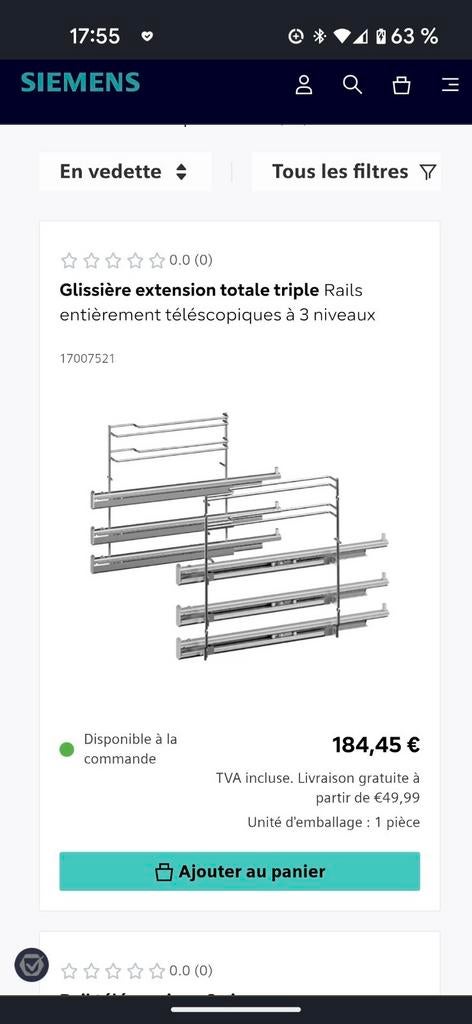 Rails télescopiques Siemens pour four encastrable Siemens, Electroménager, Enlèvement, Utilisé, Encastré, Four