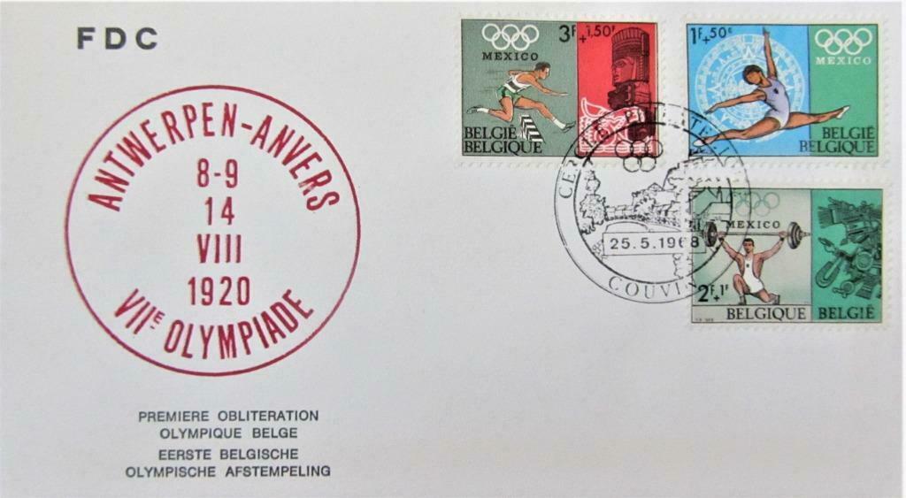 FIRST DAY COVER-SPORT- BELGIË-VIIe OLYMPIADE ANTWERPEN 1968., Ophalen of Verzenden, Gestempeld, Sport