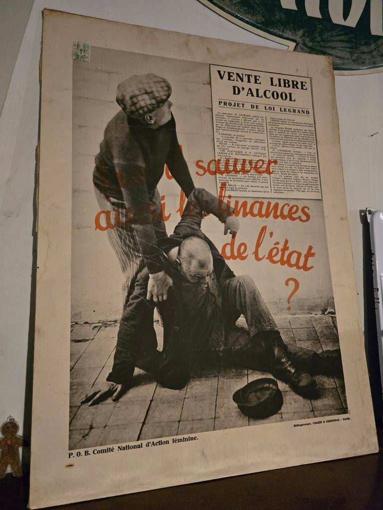 Reclamebord pancarte 1934 vente alcool met zegel, Ophalen