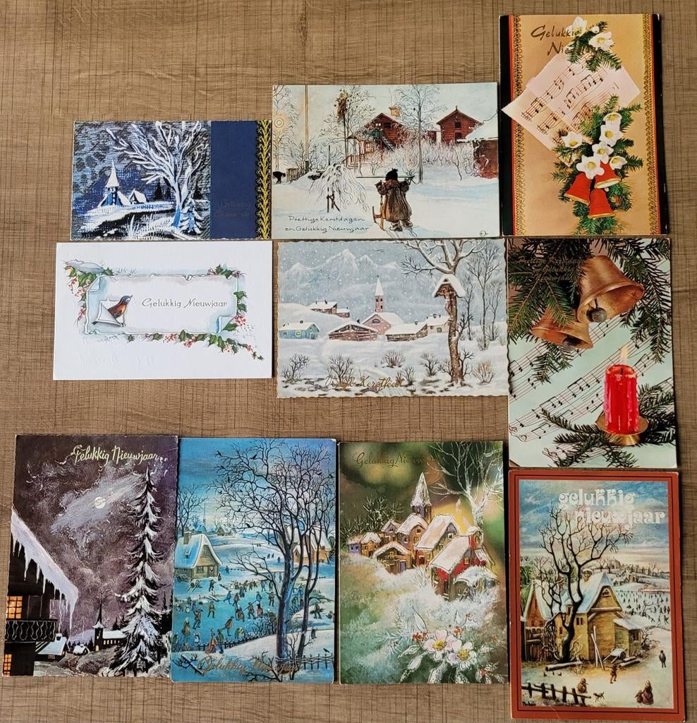 10 oude postkaarten: Kerst en Nieuwjaar (jaren '70), Ophalen of Verzenden, 1960 tot 1980, Gelopen, Feest(dag)