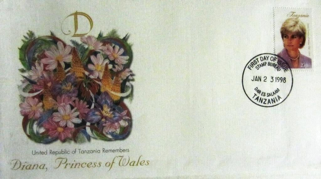 GROTE FDC- PRINSES DIANA MET POSTZEGEL TANZANIA, Ophalen of Verzenden, Gestempeld, Koningshuis