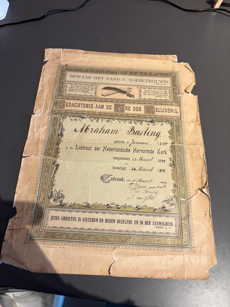 Antiek Kerkelijk Certificaat 1899 – GeloofAbraham Basting, Antiek en Kunst, Antiek | Religieuze voorwerpen, Verzenden