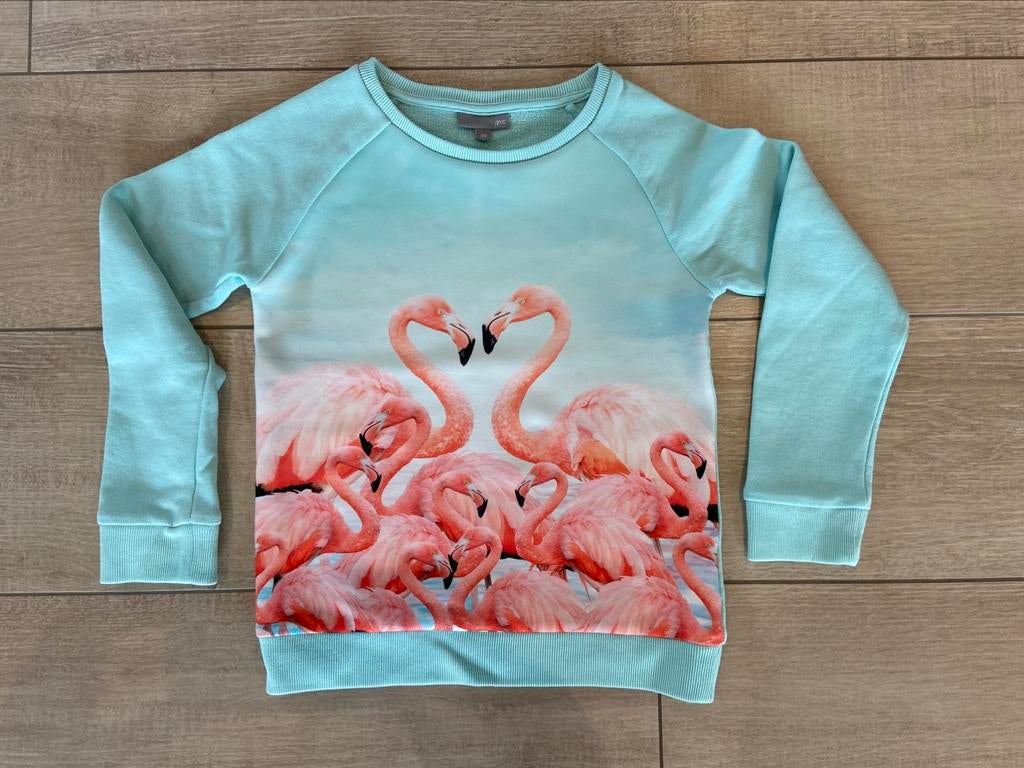 Meisjes trui flamingo’s maat 128, Ophalen, Zo goed als nieuw