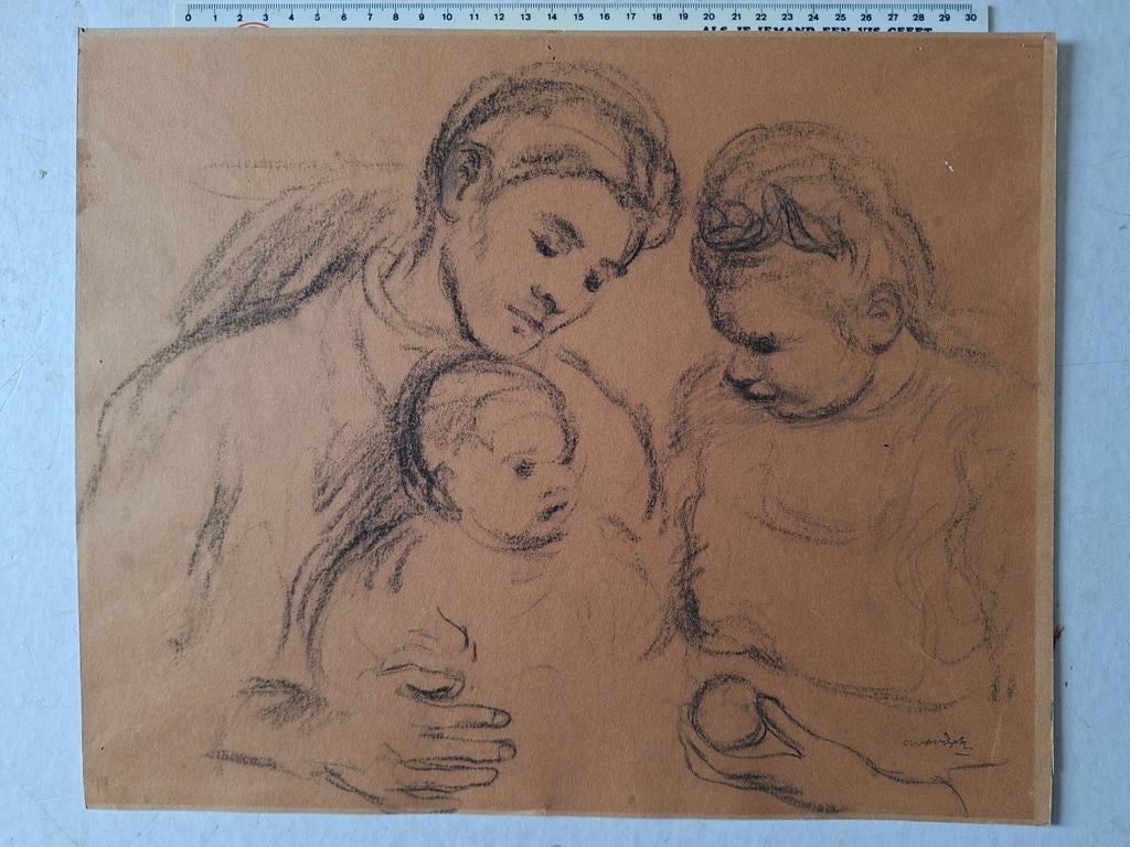 Gevoelige tekening Albert Van Dyck "Moeder met baby", Ophalen of Verzenden