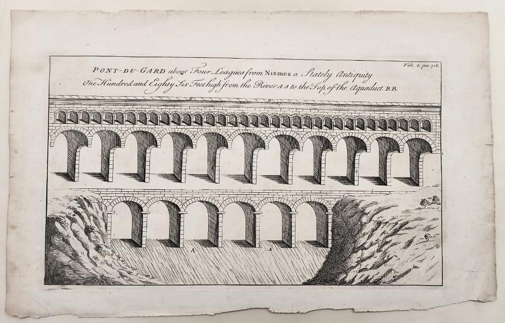 Ets/Gravure Aquaduct Pont-du-Gard 1744/1764 architectuur, Antiek en Kunst, Kunst | Etsen en Gravures, Ophalen of Verzenden