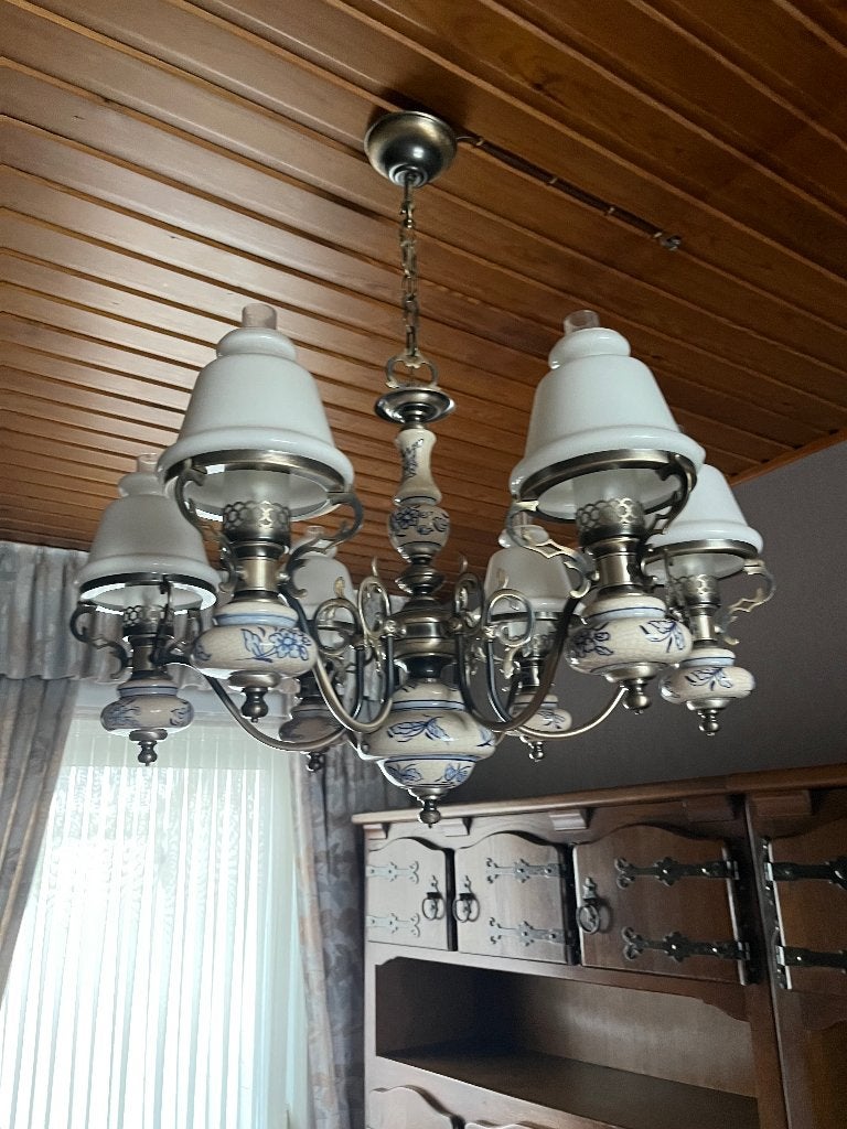 Grote vintage kroonluchter met porselein – 6 lichtpunten, Antiek en Kunst, Ophalen
