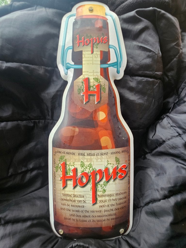Plaque publicitaire métal lourd Bière Hopus (Brasserie, Collections, Enlèvement, Comme neuf, Panneau, Plaque ou Plaquette publicitaire
