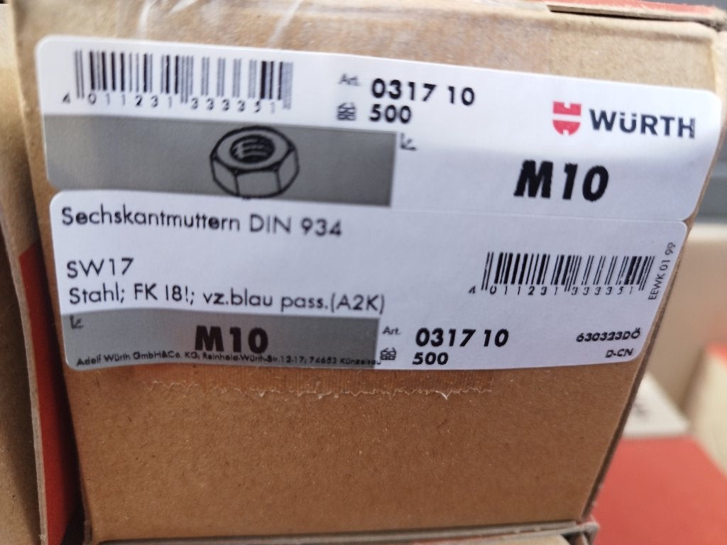 Zeskantmoer M10 - DIN 934 - verzinkt - 500 stuks - Wurth, Bricolage & Construction, Quincaillerie & Fixations, Neuf, Moins de 50 mm