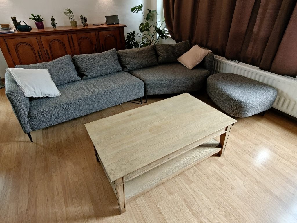 Canapé modulable 4 places + repose-pieds – tissu gris chiné, Enlèvement, Comme neuf, Tissus, Contemporain / Design moderne